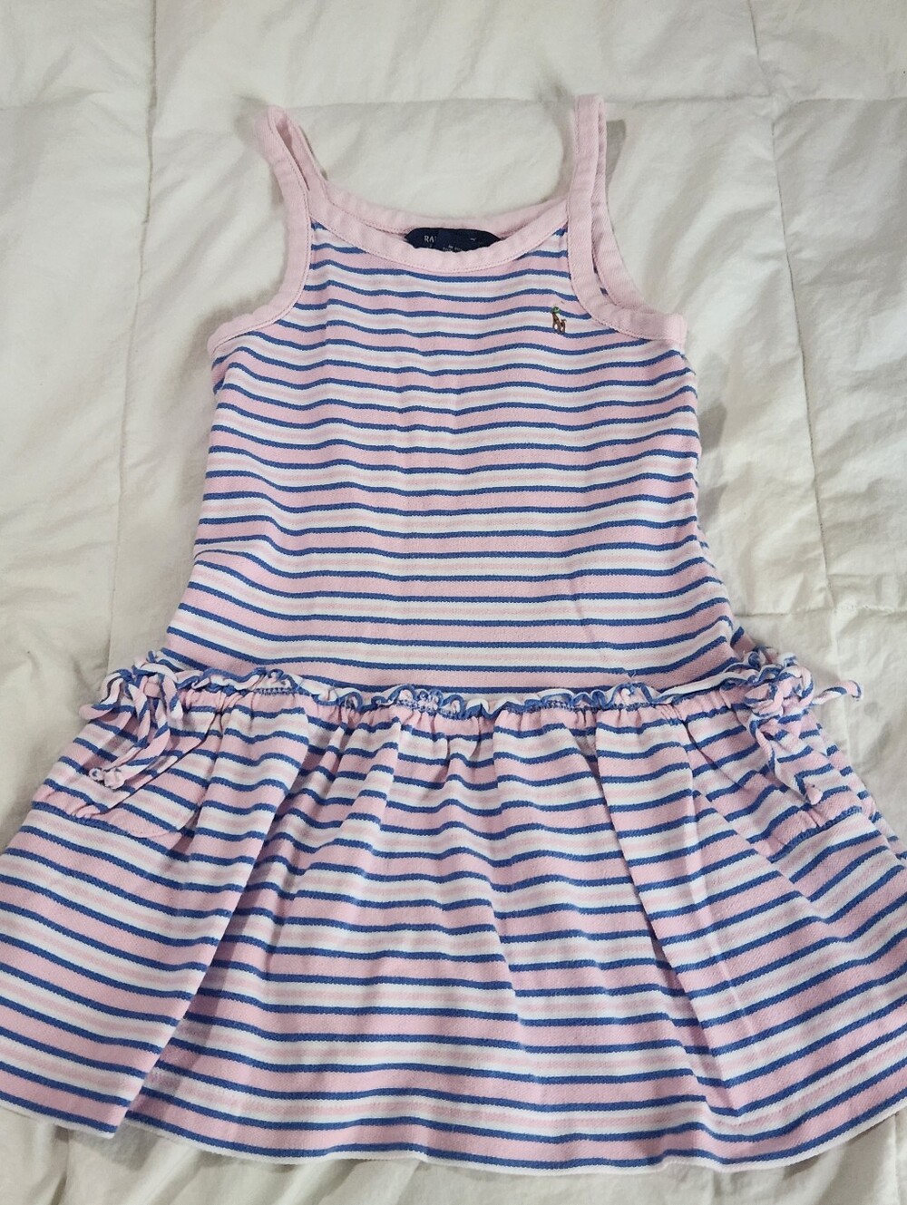 Ralph Lauren Girls Sun Dress Striped Pink Pony Ruffles Pockets Size 7